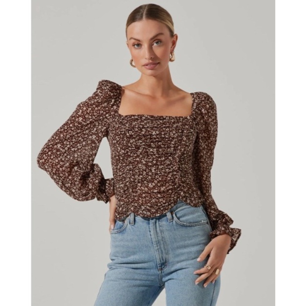 ASTR the Label Tonina Brown Ditsy Floral Smocked Balloon Sleeve Top S Peasant‎
